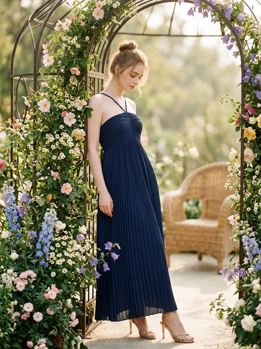 Plisse Halter Empire Maxi Dress - Navy