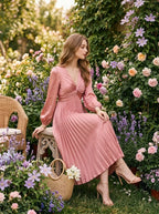 Twist Front Pleated Satin Midi Dress - Rose Pink