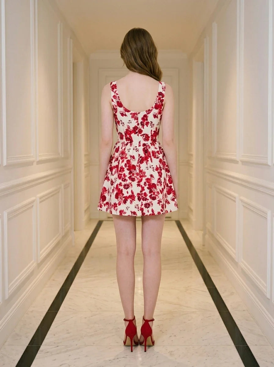 Back view of a woman in a red and white floral print dress and red strappy heels
