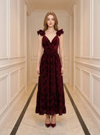 Velvet Floral Corset Back Maxi Dress - Burgundy