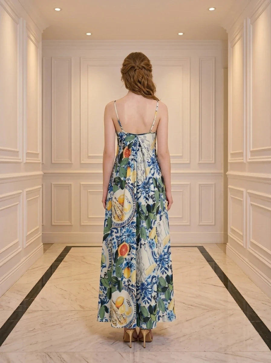 Back view of a woman in a long, sleeveless maxi dress with a colorful fruit and floral print, standing in a hallway.