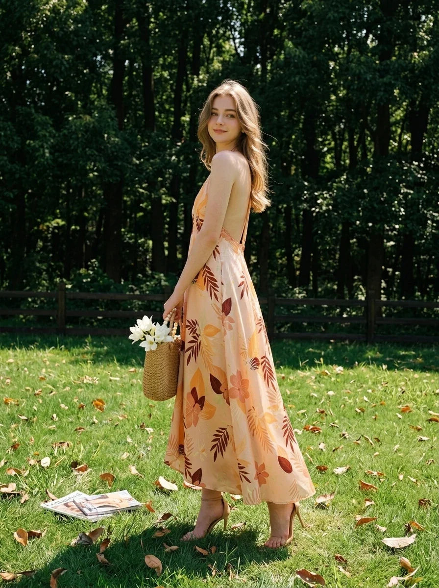 Woman standing in a grassy area with trees in the background, wearing a long, floral print, halter neck dress with an open back, carrying a straw basket.