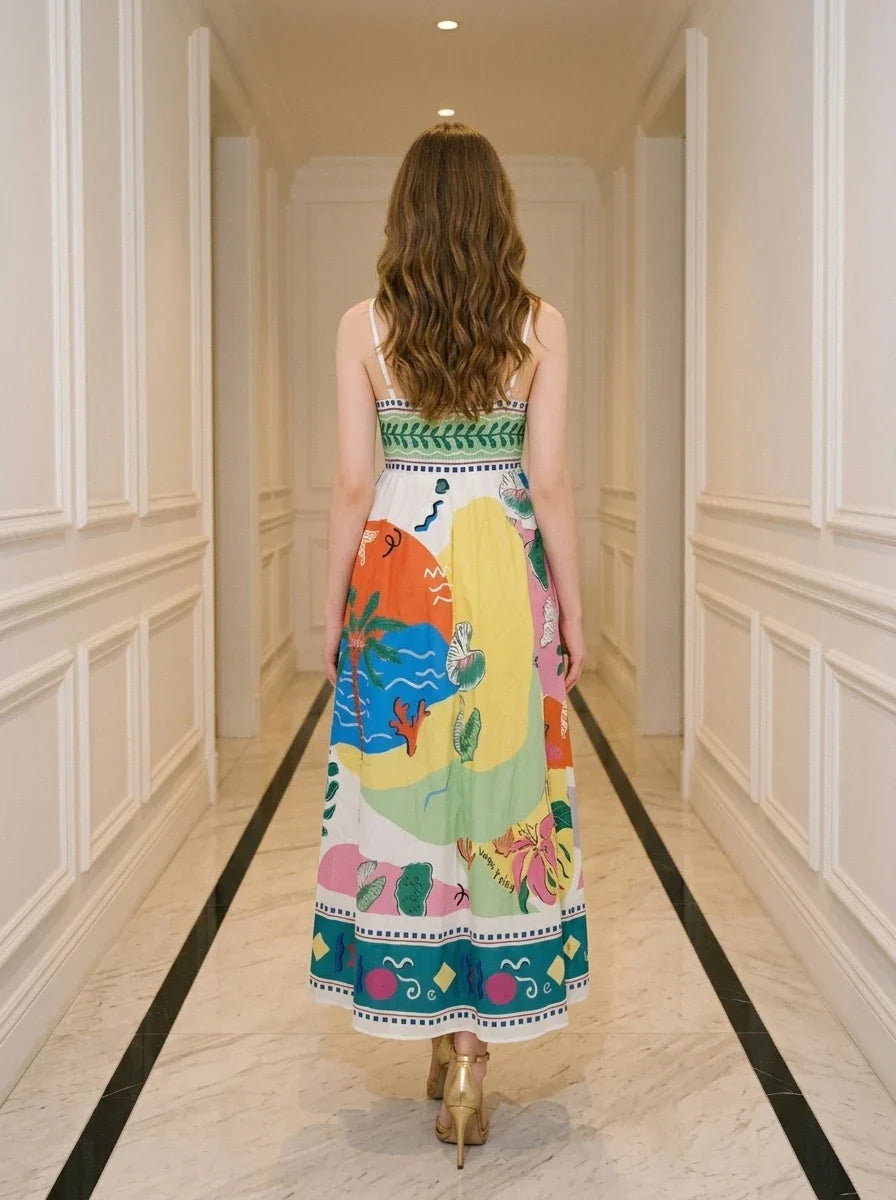 Tropical Beach Graphic Print Maxi Dress White