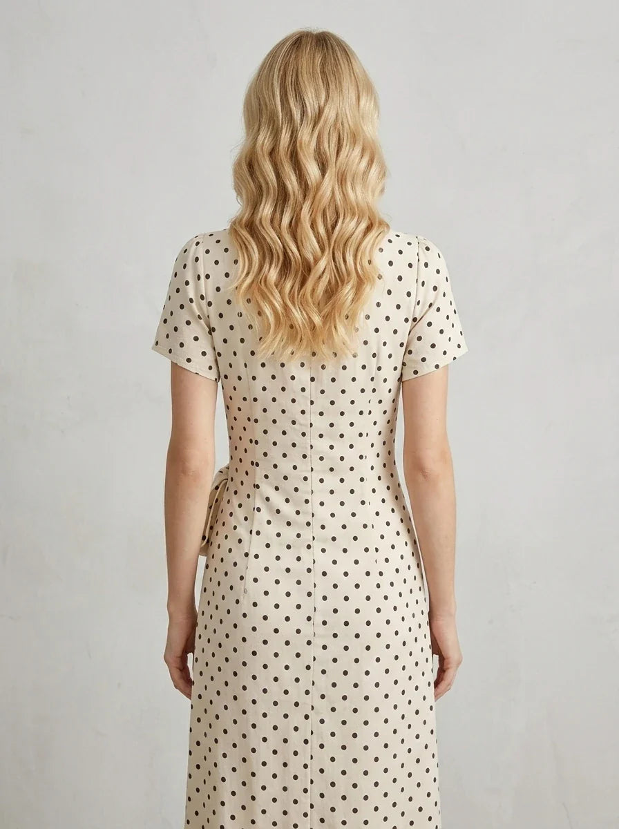 Back view of a woman wearing a cream and black polka dot midi wrap dress with short sleeves, standing against a white textured wall.