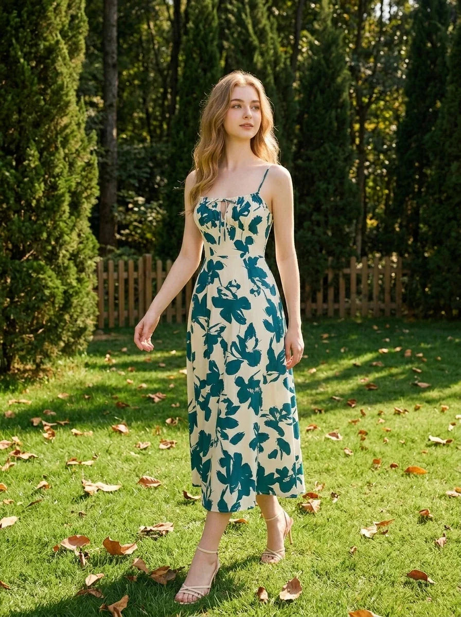 Woman wearing a floral print midi dress with spaghetti straps and a tie front detail, walking in a grassy park area with fallen leaves.