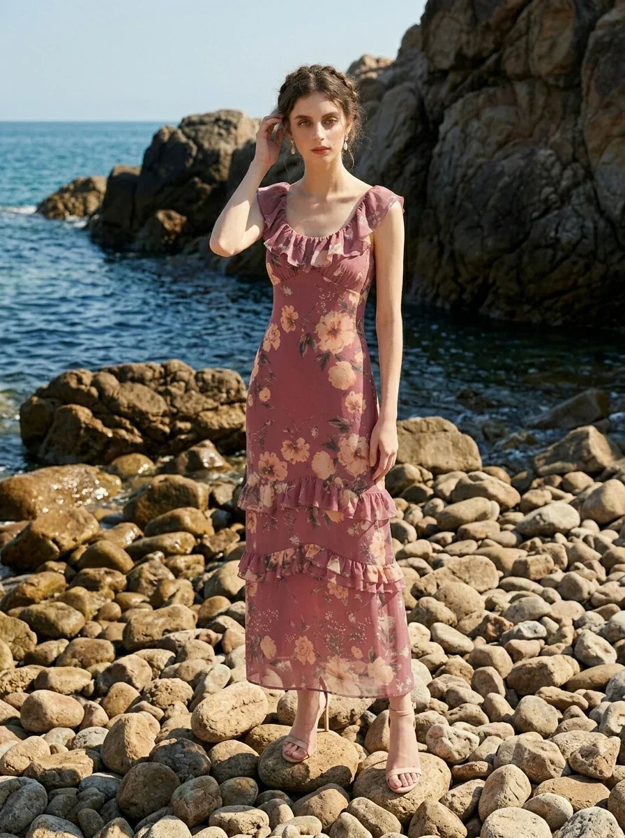 Woman wearing a pink floral print maxi dress standing on a rocky shore