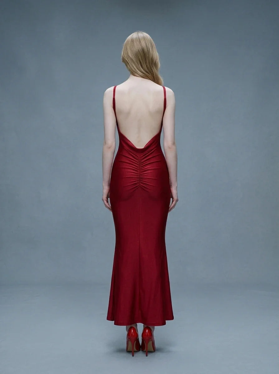 Wine Red Backless Ruched Mermaid Maxi Dress