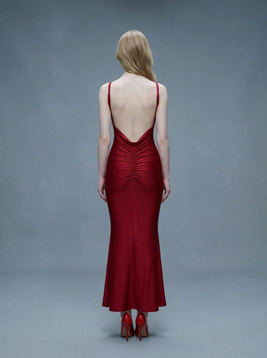 Wine Red Backless Ruched Mermaid Maxi Dress