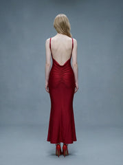 Wine Red Backless Ruched Mermaid Maxi Dress