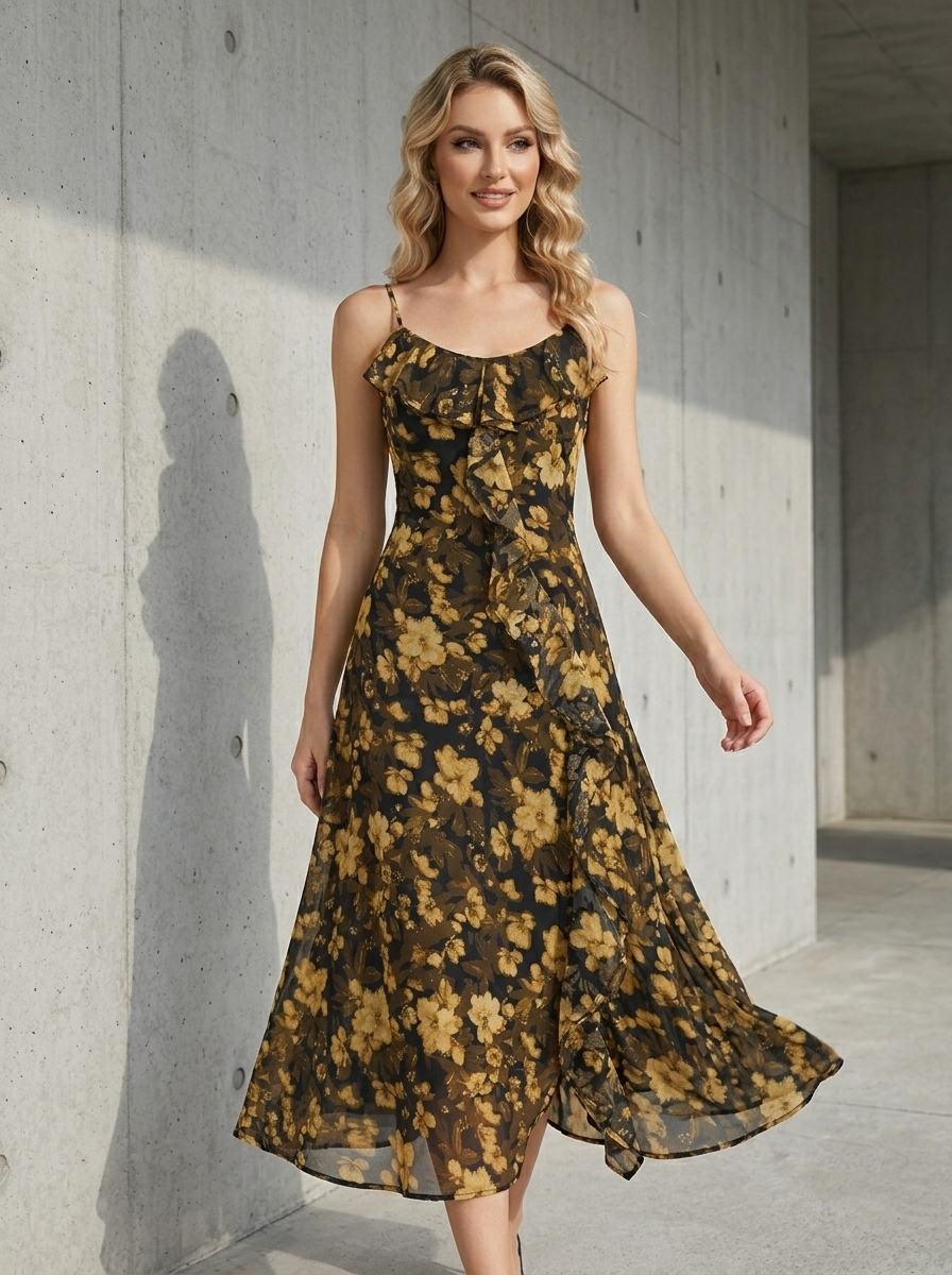 Yellow Floral Ruffle Cold-Shoulder Midi Vacation Dress