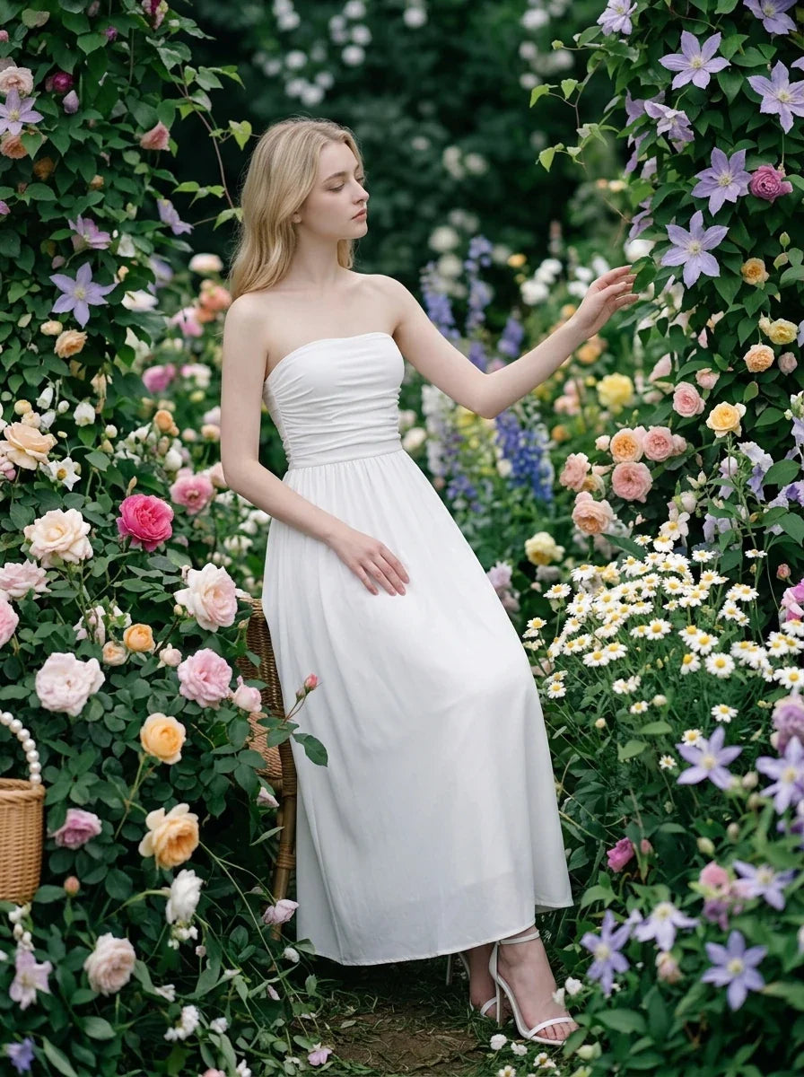 White Strapless Pleated Linen Maxi Dress