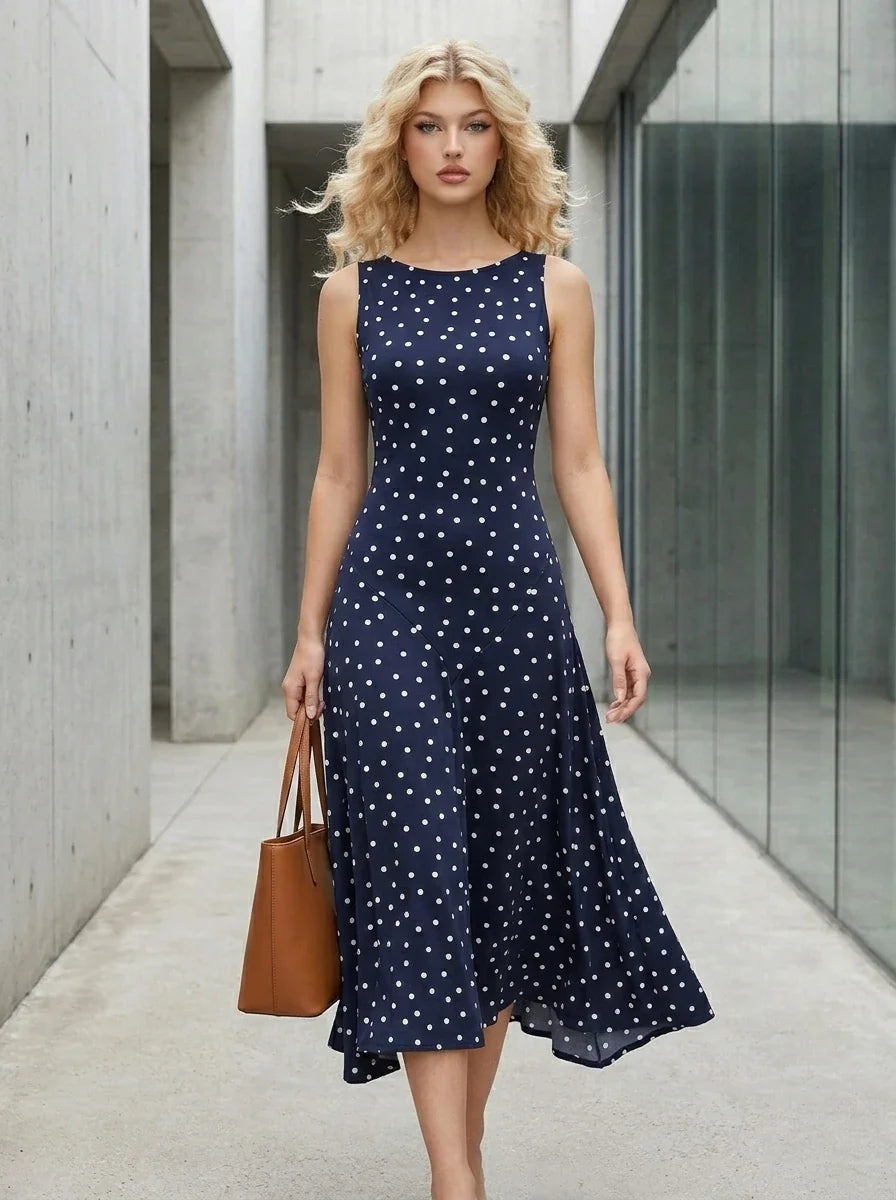 Woman wearing a navy blue sleeveless midi dress with white polka dots, walking with a brown tote bag.