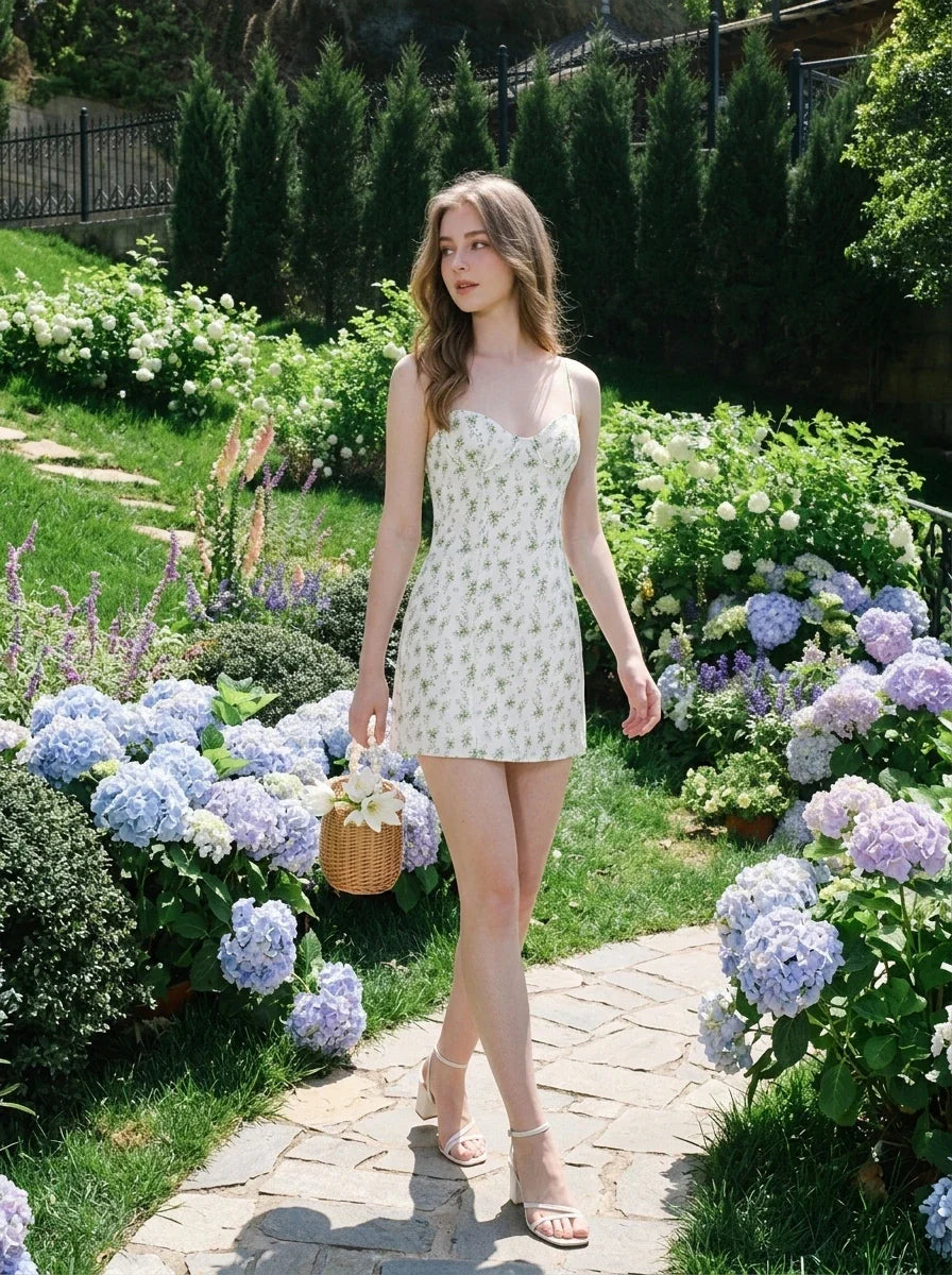 Woman wearing a white floral print mini dress with spaghetti straps and a sweetheart neckline, carrying a woven basket, walking on a garden path surrounded by hydrangeas.