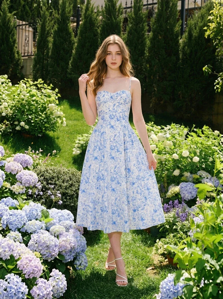 Woman wearing a blue and white floral print midi dress with spaghetti straps, standing in a garden with hydrangeas.