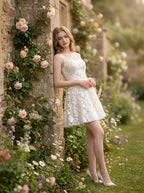 White Floral Embroidered Square Neck Mini Dress
