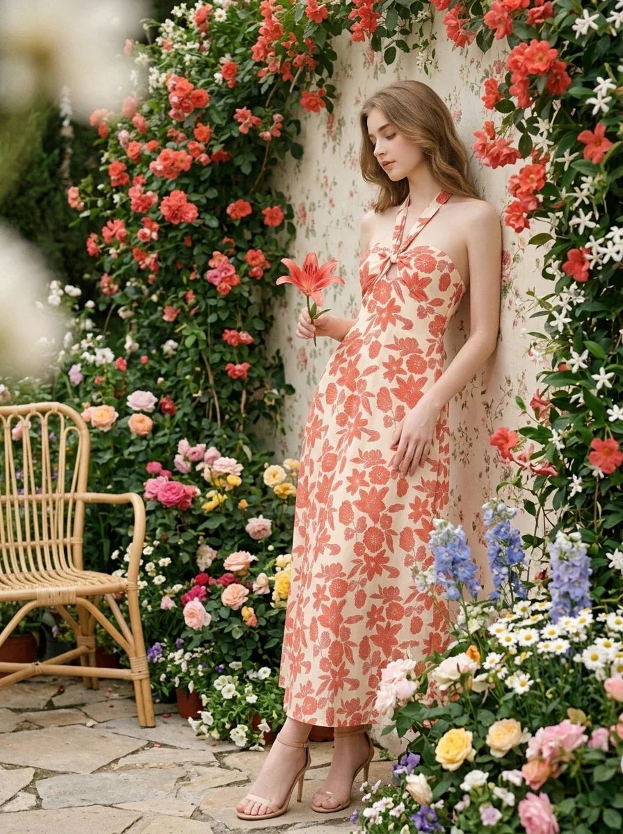 Woman wearing a cream and coral floral print halter midi dress, leaning against a wall adorned with roses and flowers.