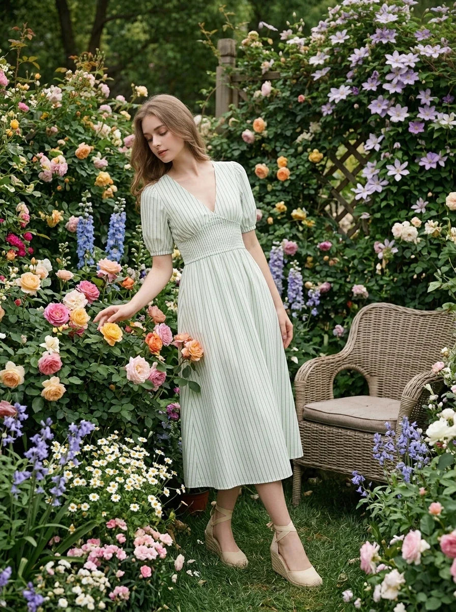 Woman standing in a rose garden wearing a light green and white striped midi dress with puff sleeves and a V-neck.