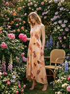 Woman standing in a garden surrounded by flowers, wearing a long, floral print, halter neck dress with an open back.