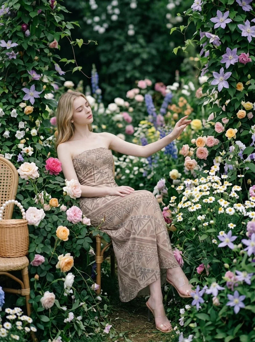 Woman wearing a strapless, patterned maxi dress sitting in a garden surrounded by flowers.
