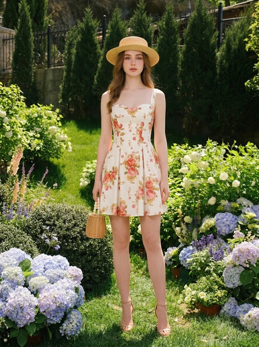 Woman standing in a garden wearing a floral print fit and flare dress and a straw hat