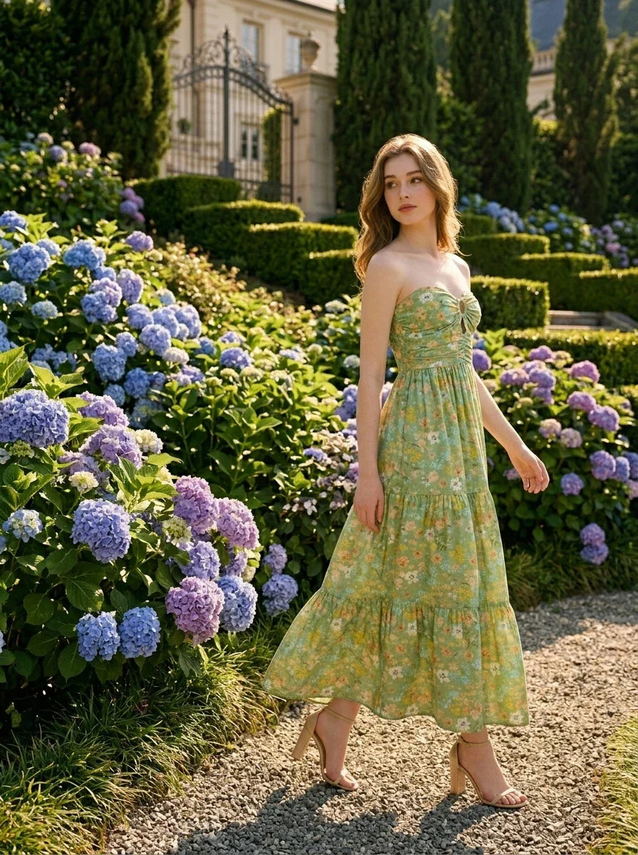 Tiered Floral Strapless Maxi Dress Sage Green