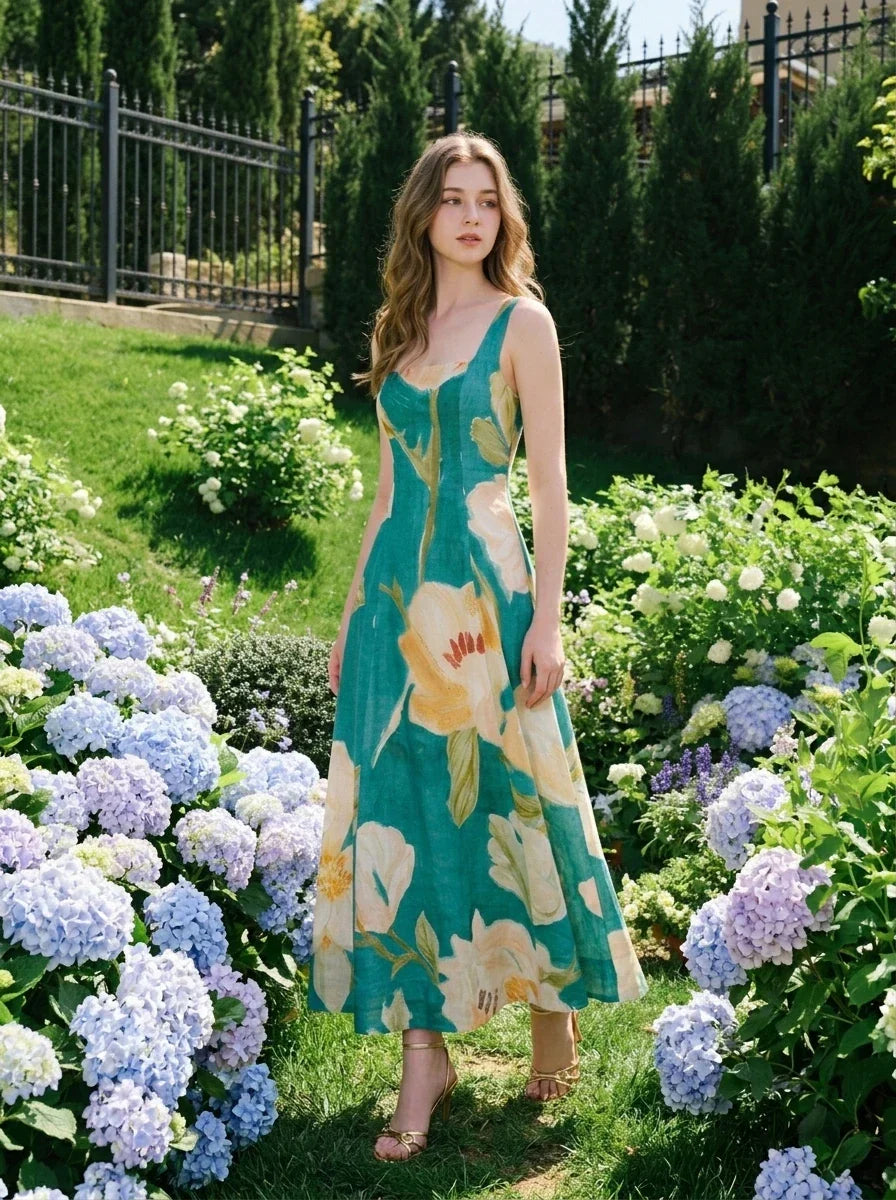Woman standing in a garden surrounded by hydrangeas wearing a teal floral print midi dress