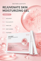 Product packaging with text 'Rejuvenate Skin Moisturizing Gel' and '5 Benefits'
