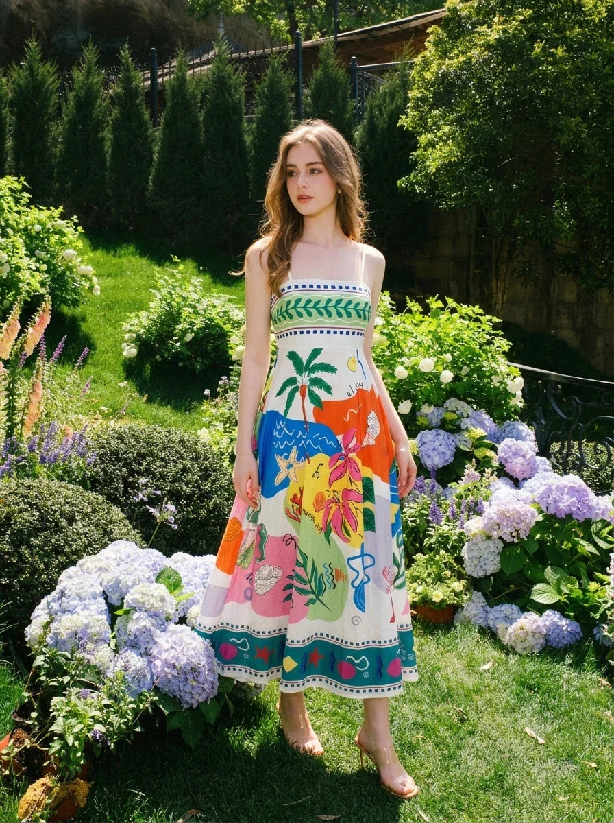 Tropical Beach Graphic Print Maxi Dress White