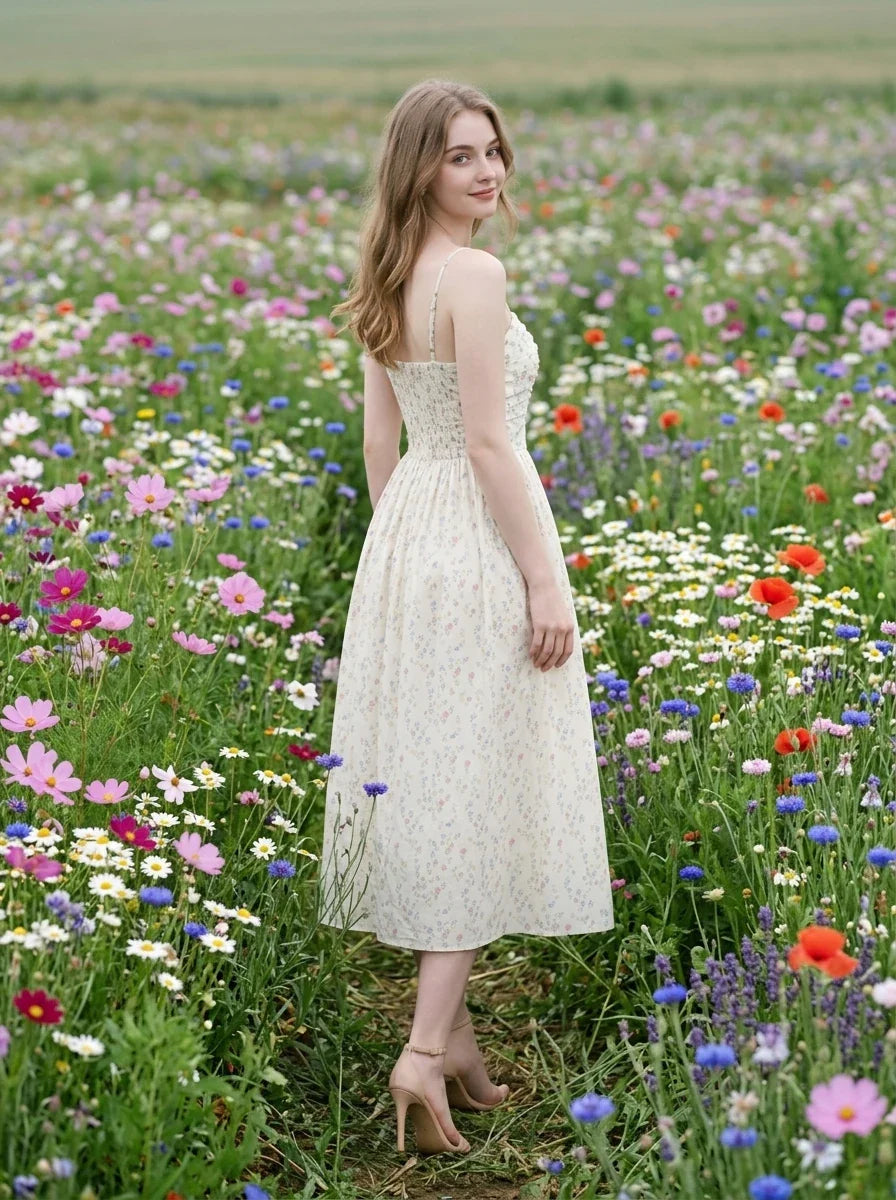 Woman wearing a white floral print midi dress with spaghetti straps and a square neckline, posing in a field of wildflowers.