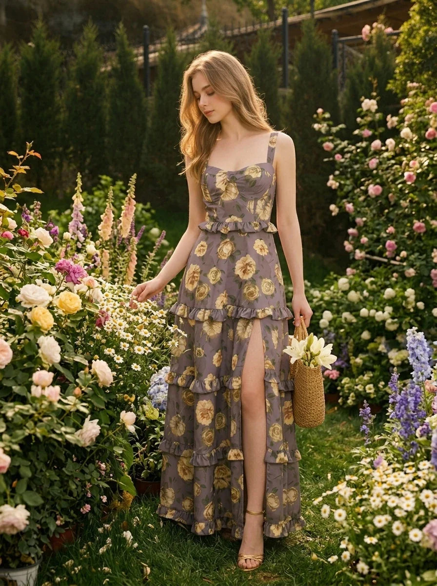 Woman in a garden wearing a floral print maxi dress with a high slit, surrounded by flowers