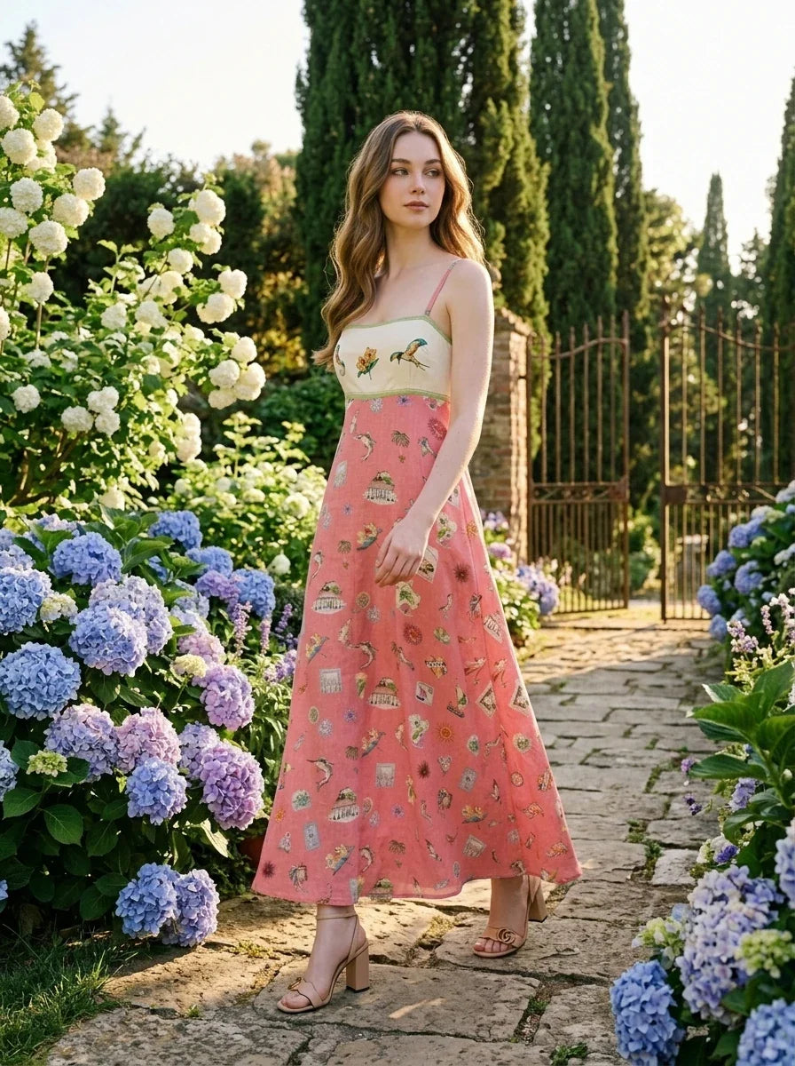 Woman in a coral A-line midi dress with spaghetti straps and a square neckline, walking on a garden path surrounded by hydrangeas.