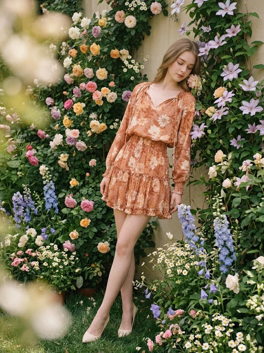 Woman leaning against a wall covered in flowers, wearing a floral print mini dress with long sleeves and a V-neck.
