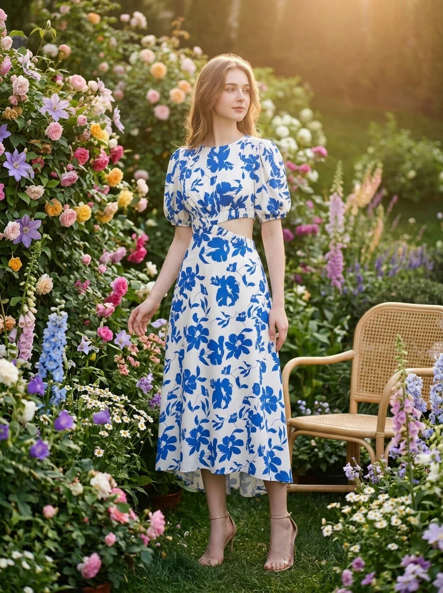 Woman wearing a white and blue floral print midi dress with cut-out waist and puff sleeves, standing in a garden with flowers.