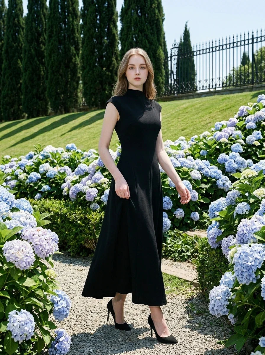 Woman in a black mock neck cap sleeve A-line dress walking along a path lined with hydrangeas.