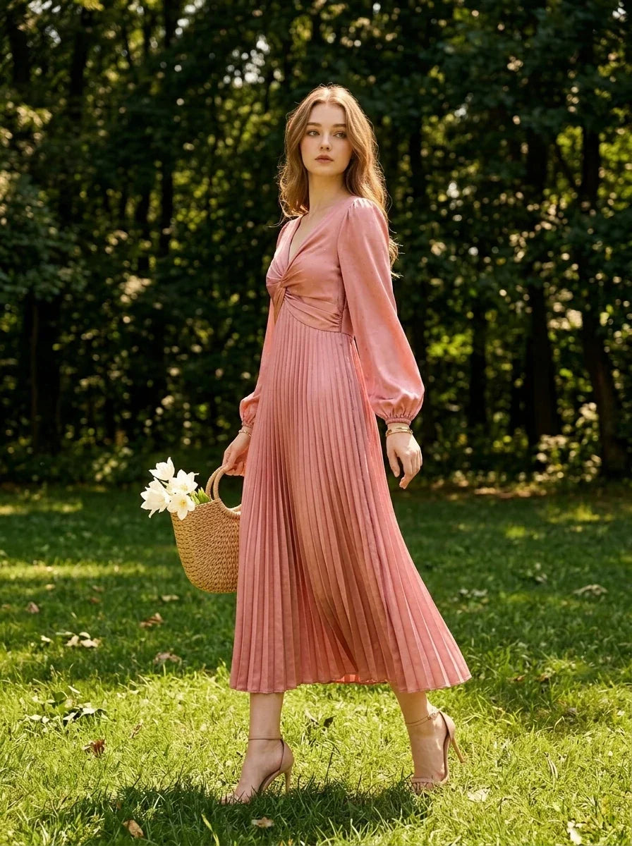 Twist Front Pleated Satin Midi Dress - Rose Pink