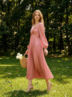 Twist Front Pleated Satin Midi Dress - Rose Pink