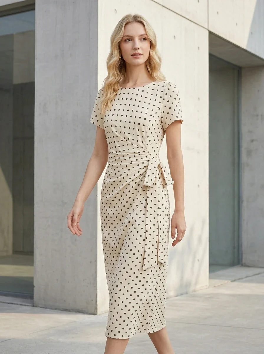 Woman wearing a cream and black polka dot midi wrap dress with short sleeves, walking outdoors against a modern building facade.
