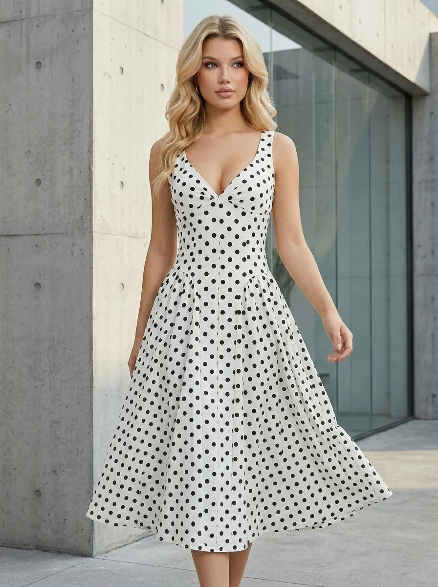 Woman in a white polka dot dress with her hand outstretched