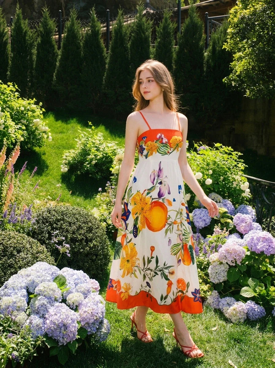 Vibrant Tropical Floral Print Maxi Dress Orange
