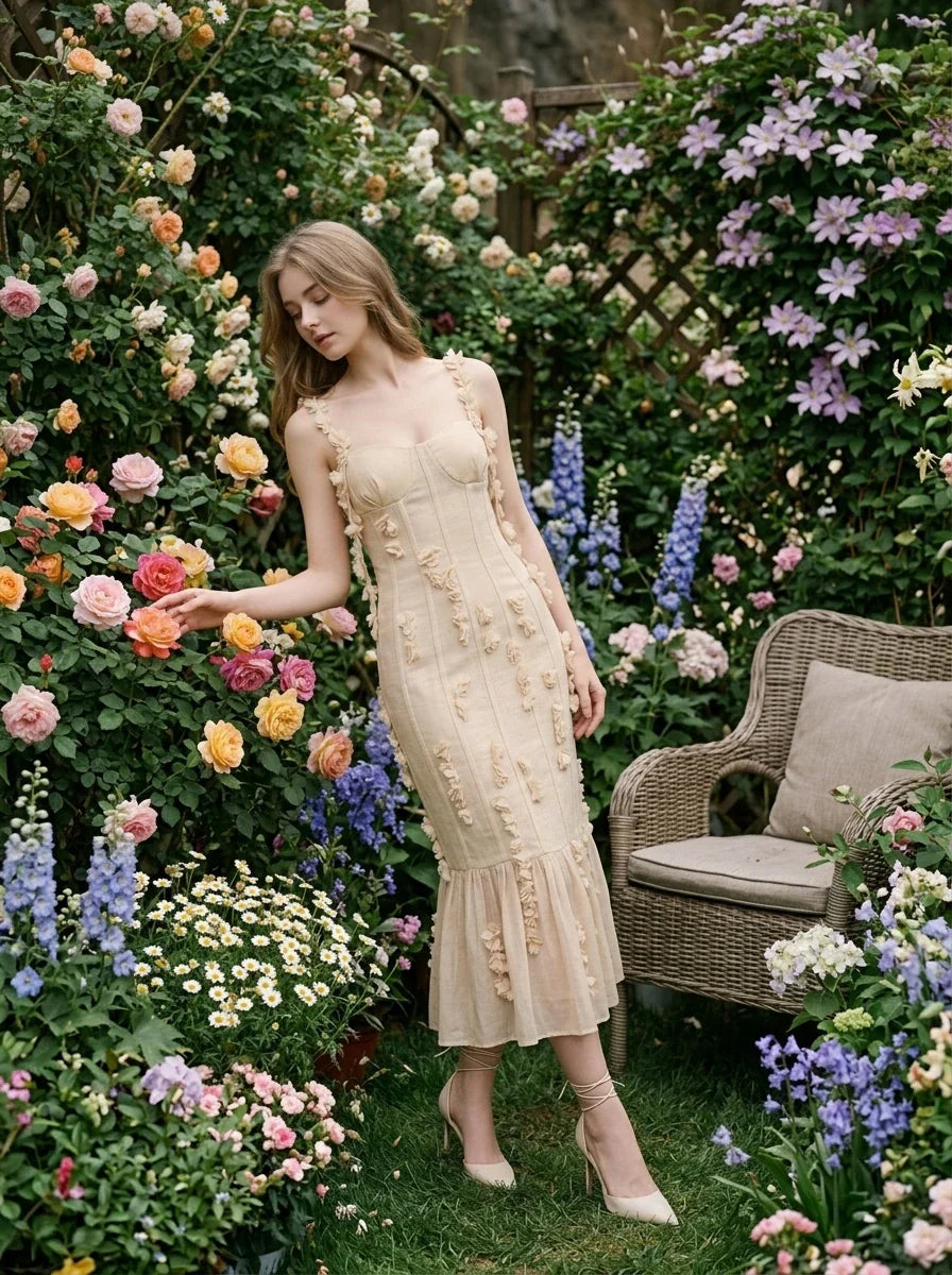 Woman wearing a cream-colored sleeveless midi dress with floral embellishments and a ruffled hem, standing in a garden with roses.