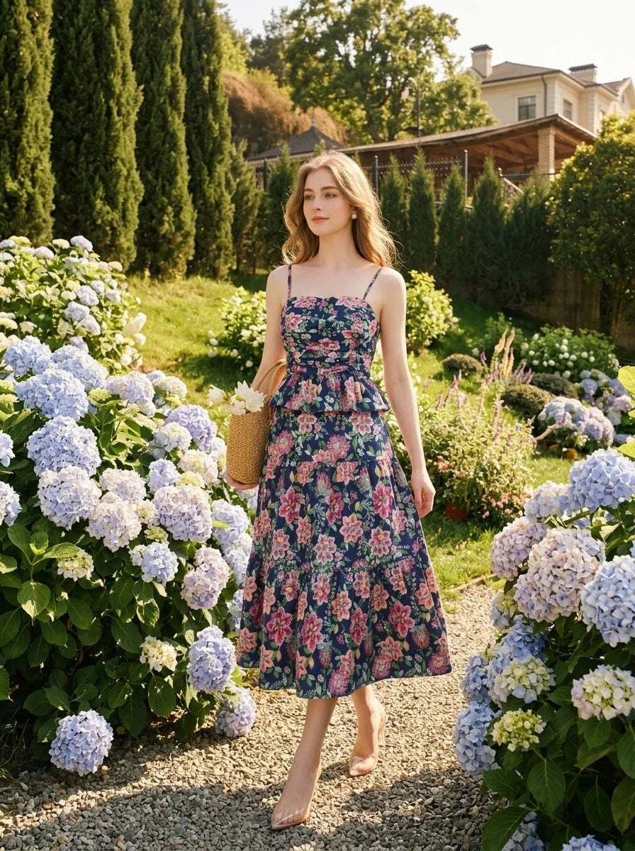 Woman walking in a garden wearing a navy floral print midi dress with spaghetti straps and a peplum waist.