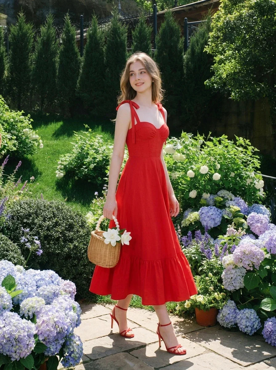 Woman wearing a red midi dress with tie straps and ruffle hem, holding a basket in a garden.
