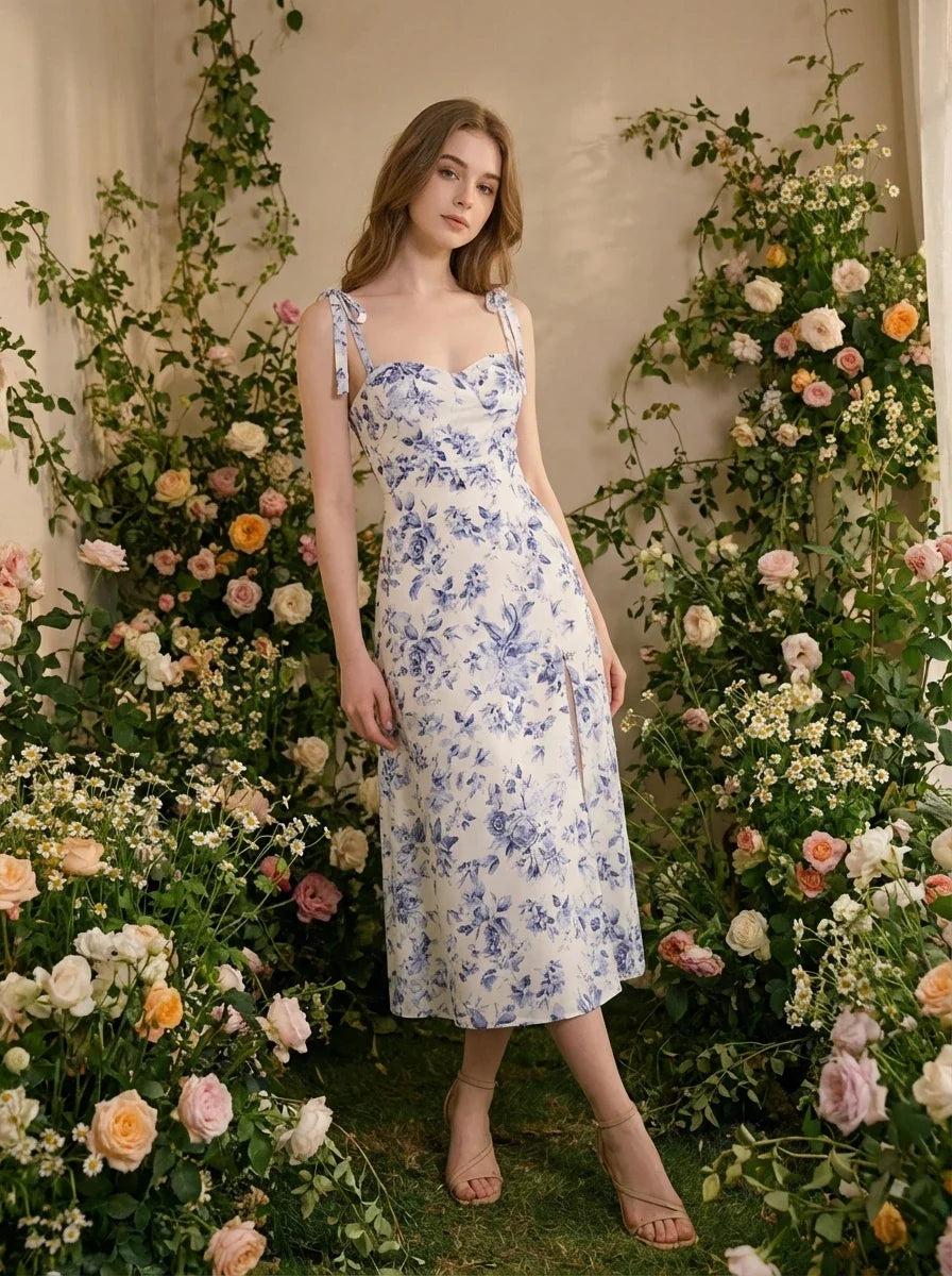 Woman wearing a floral print midi dress with tie shoulder straps and a high slit, standing amongst flowers.