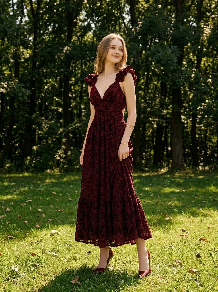 Velvet Floral Corset Back Maxi Dress - Burgundy