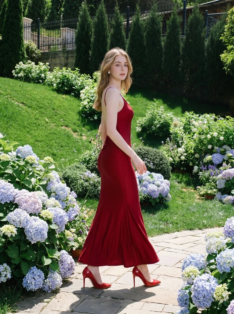 Wine Red Backless Ruched Mermaid Maxi Dress