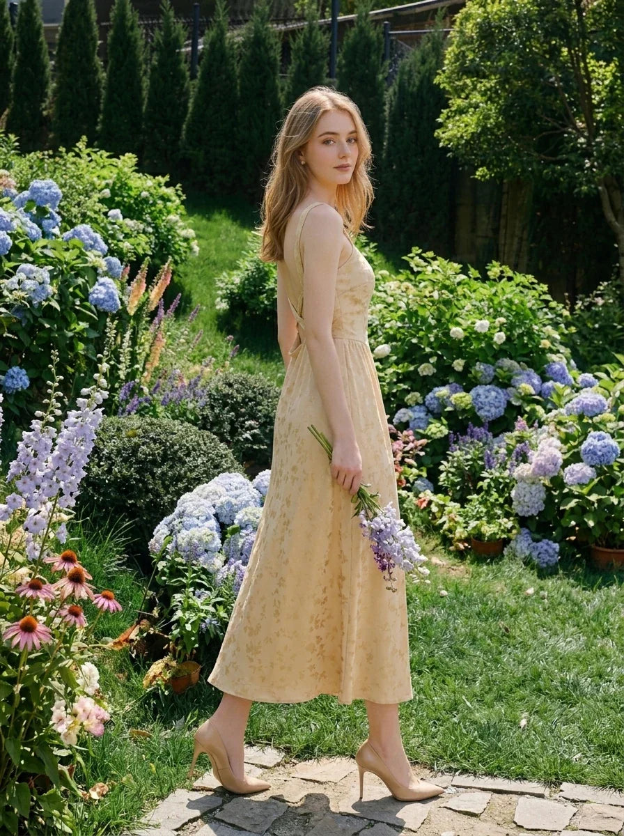 Woman wearing a sleeveless yellow maxi dress with a floral jacquard pattern walking in a garden with hydrangeas and other flowers.