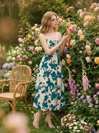 Woman wearing a floral print midi dress with spaghetti straps and a tie front detail, posing in a rose garden.