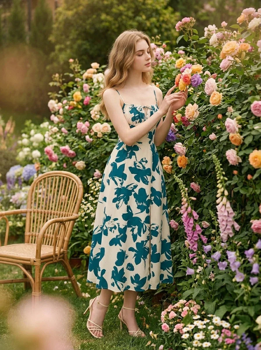 Woman wearing a floral print midi dress with spaghetti straps and a tie front detail, posing in a rose garden.