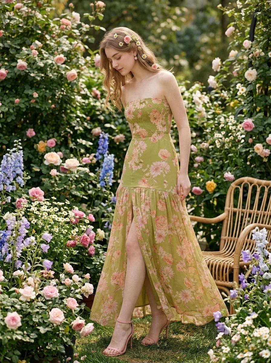 woman in a green floral strapless maxi dress with a high slit posing in a rose garden