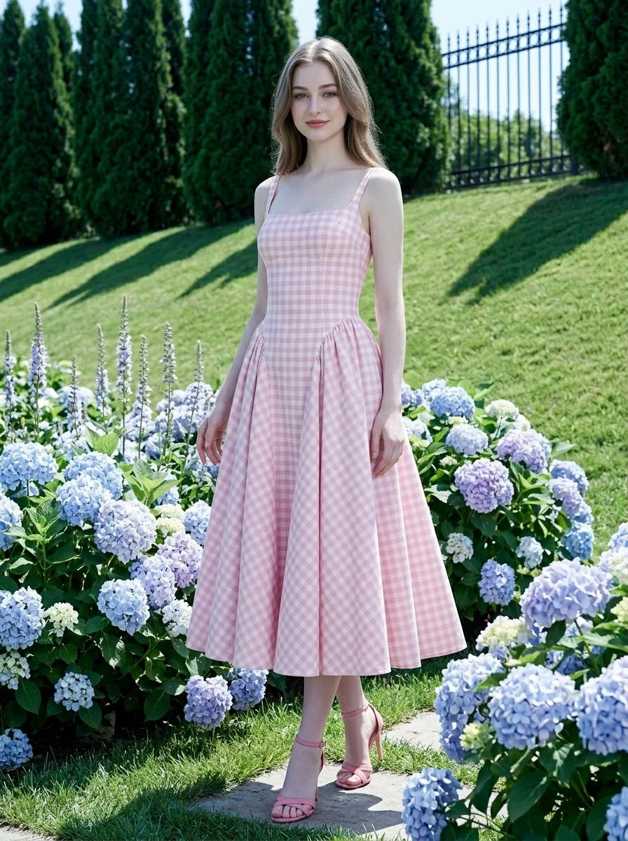 A woman models a pink and white gingham midi dress with a square neckline and a full, pleated skirt, standing amongst blue hydrangeas in a garden.